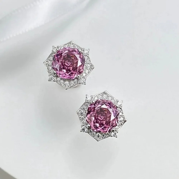 4CT Rose Purple Paris Sapphire Millennium Cut Luxury Stud Earrings 8MM - Picture 6 of 9